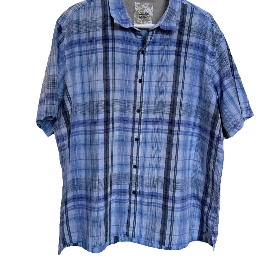 Tasso Elba Island Men’s XXL Plaid Linen-Blend Short Sleeve Button-Down Shirt Blu